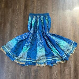 Vintage 100% Silk Boho Skirt | Blue Patchwork Flowy Midi Skirt